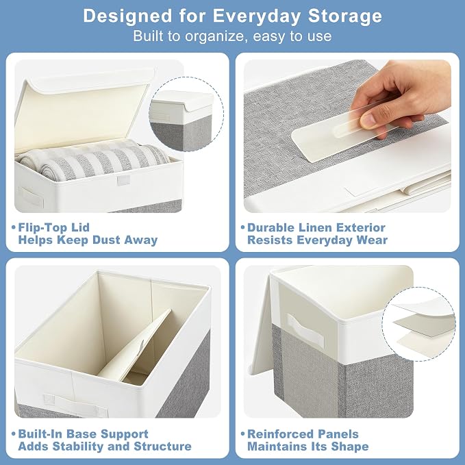 Bagnizer Large 17" 42 Quarts Collapsible Stackable Storage Bins with Lids [3-Pack] Foldable Fabric Linen Storage Boxes Cube, Closet Organizer Baskets with Label (16.7 x 12 x 12, Gray & White)