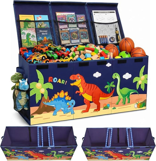 Unicorn Castle Toy Box with Adjustable Divider Toy Chest Storage Large Toy Storage Organizer Bin Collapsible with Lid Pockets for Nursery Playroom,Dark Blue Dinosaur