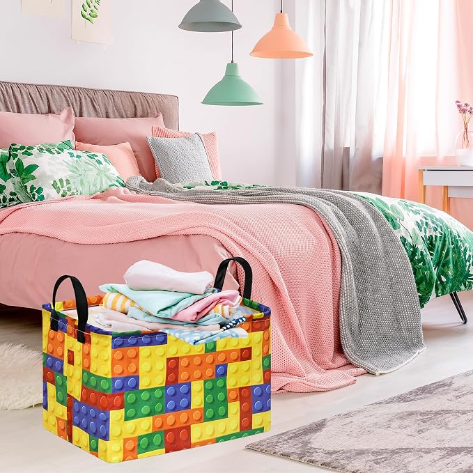 Colorful Building Blocks Print Storage Basket, Waterproof Lining Organizer Bins, Leather Handles, Collapsible for Kids Toys, Clothes, Laundry, Gift Basket