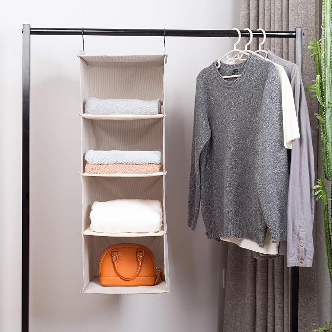 Hanging Closet Organizer 4-Tier, Oxford Wardrobe Storage, Beige Houndstooth | Easy-mount foldable design holds clothes, handbags, shoes & accessories; washable Oxford fabric, sturdy and space-saving.