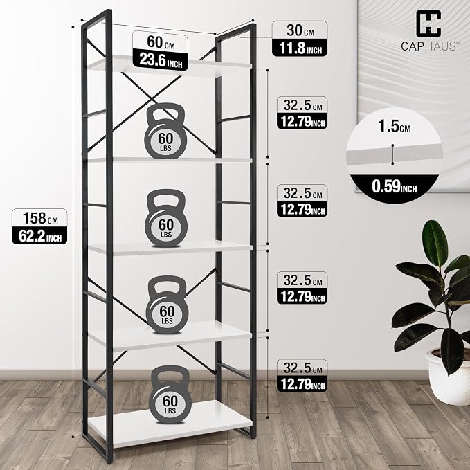 CAPHAUS 5 Tier Bookshelf, 24 Inch Width Free Standing Shelf, Bookcase Shelf Storage Organizer, Industrial Book Shelves for Home Office, Living Room, Kitchen, White Shelves & Metal Frame