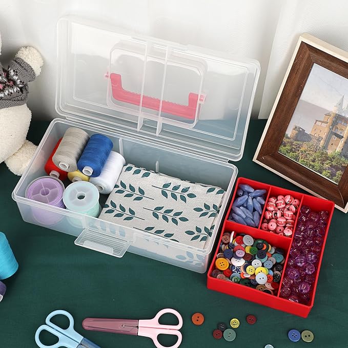 JUXYES Clear Art Craft Supply Storage Bin Sewing Box With Handle Lid | Plastic Carry Storage Box with Removable Tray, 2 Layers Portable Storage Case for Art Craft, Sewing, School Office Supplies