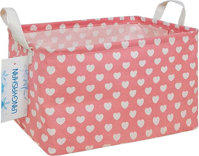 Rectangular Collapsible Storage Basket Nursery Organizer Pink Heart | Storage Bin Foldable Canvas with Handles for Organizing Home Kitchen Children Toys Office Closet Shelf Baskets