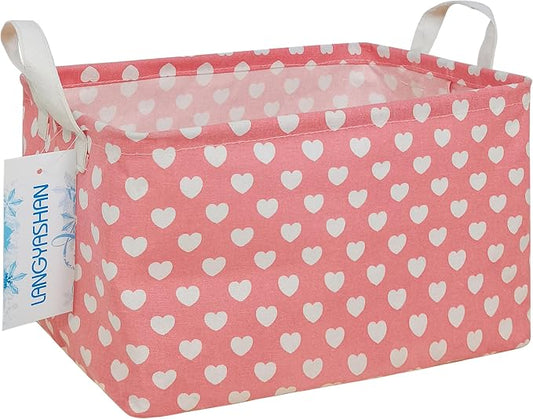Rectangular Collapsible Storage Basket Nursery Organizer Pink Heart | Storage Bin Foldable Canvas with Handles for Organizing Home Kitchen Children Toys Office Closet Shelf Baskets