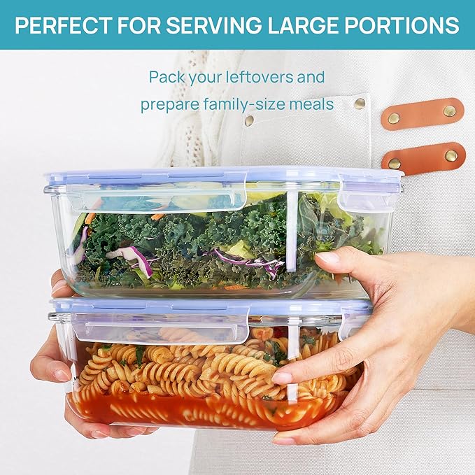 Vtopmart 2Pack 1860ml/63oz Large Glass Storage Containers With Lids, Blue | Meal Prep Food Container Set with Snap Airtight Lid, For Baking, Microwave, Oven, Leak Proof, Freezer, Dishwasher, BPA Free
