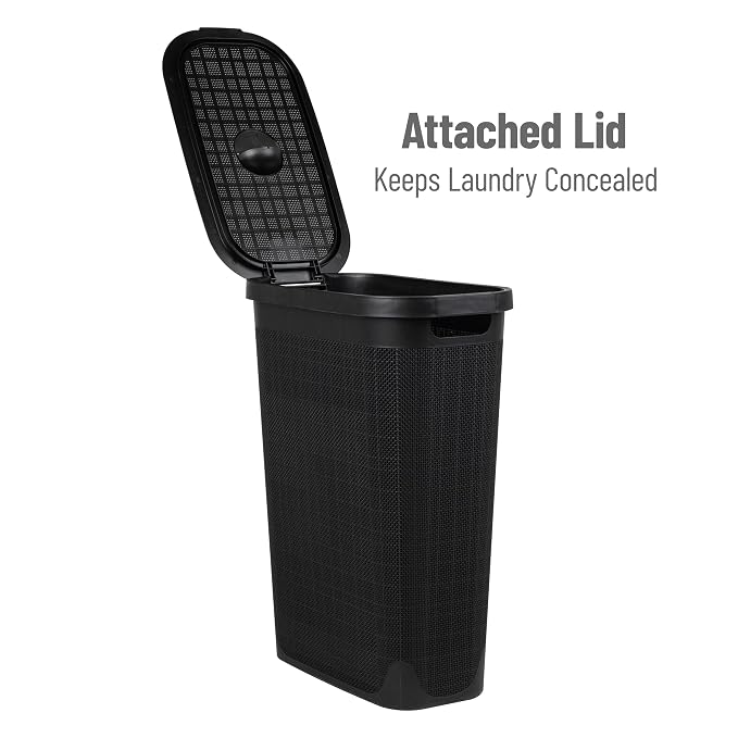 Mind Reader Slim Laundry Hamper with Lid, 40L Clothes Basket, Linen Design, Plastic, Black