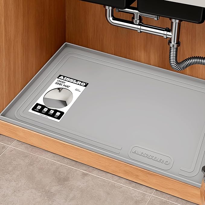 Aisslro Under Sink Mat 28" X 19", Waterproof Silicone Under Sink Mats for Kitchen, Anti-Leak Shelf Liner & Cabinet Protector with Raised Edge, [BPA Free] Bathroom Tray Home Organizer, Grey