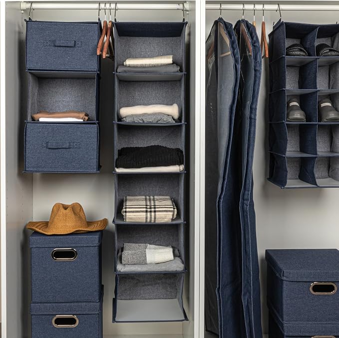 Household Essentials Hanging Cotton Blend Closet Organizer with 6 Storage Shelves, Denim