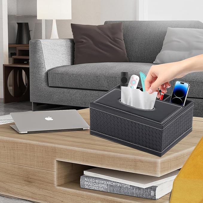 Tissue Box Cover Rectangle Black Tissue Box Holder PU Leather Facial Tissue Organizer,Multifunctional Remote Control Stationery Storage Box,Home Office Supplies Car Napkin Caddy