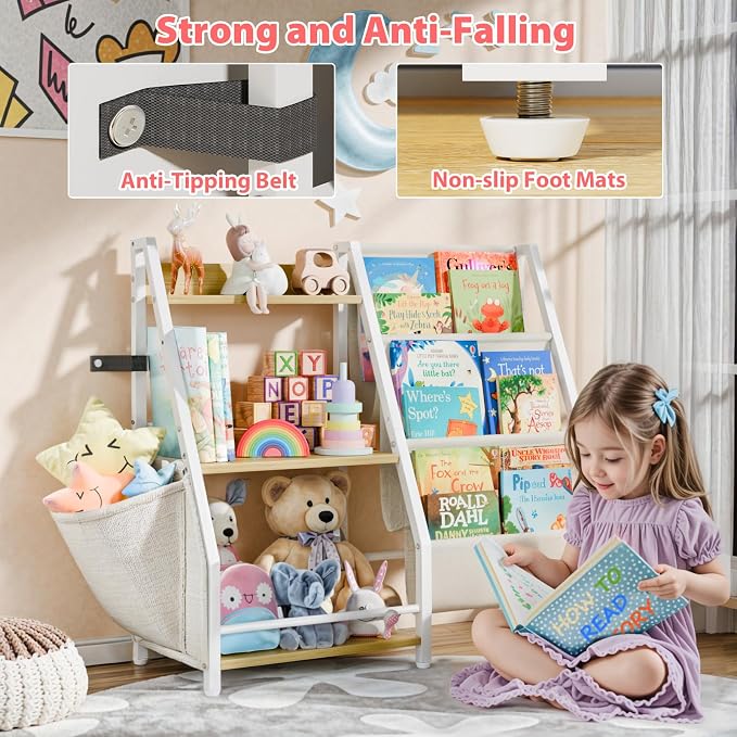 LATIBELL 3 Tier Kids Bookshelf and Toy Storage, Kids Bookcase Book Sling Shelf, Montessori Baby Toddler Bookshelf, Toy Storage Organizer, for Playroom, Bedroom, Nursery (Burlywood)