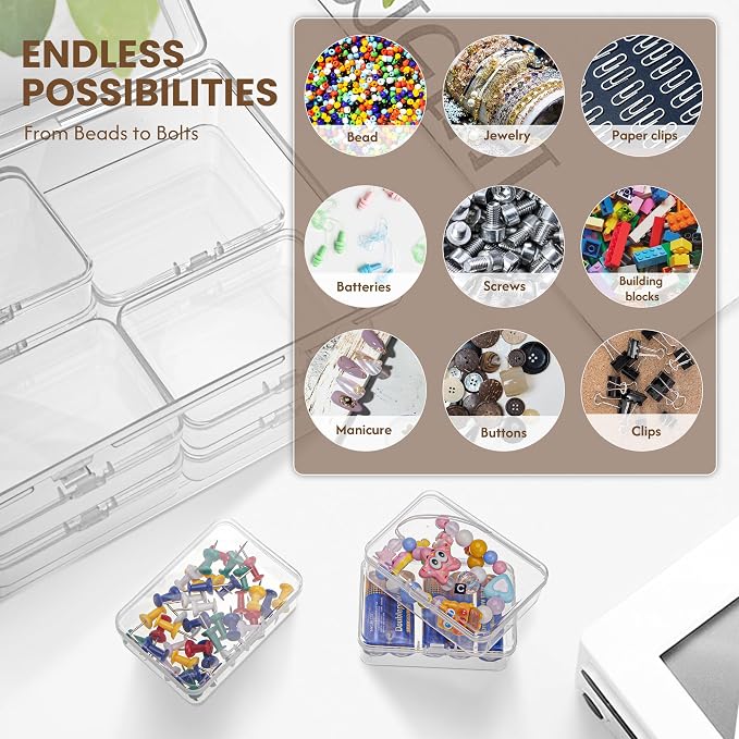 zoeynex Medium Plastic Organizer Boxes, 12 Clear Containers with Hinged Lids, for Beads, Jewelry, Crafts, Electronics, Hardware, School Supplies (32 Labels)