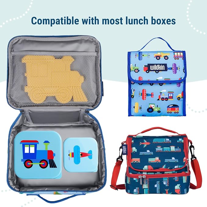 Wildkin Set of 3 Kids Nesting Food Containers for Boys – Stackable, Airtight & BPA-Free Snack Containers, Dishwasher Safe Lunch Box Containers for School & Travel, Ages 3–12 – Trains, Planes & Trucks