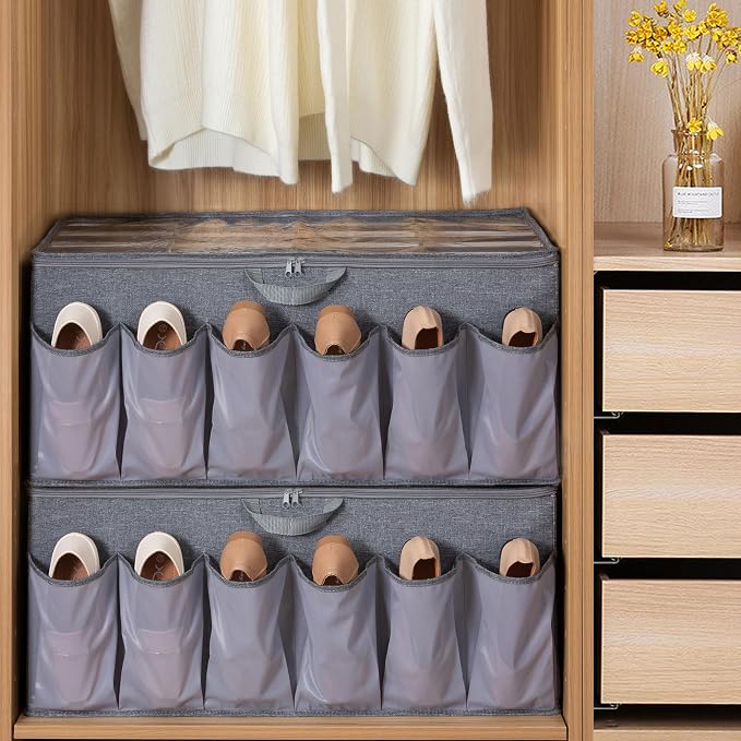 Extra Large Fabric Shoe Organizer for Closet, Fits up to 28 Pairs, Foldable Shoe Storage Bin Containers with Adjustable Dividers and Clear Cover, Grey, 3 Pack