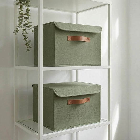 ZICOTO Decorative Linen Storage Boxes with Lids - Large Set of 2 Organizer Bins for Your Home Decor - The Perfect Container to Safely Store Photos, Documents and Memory Box Keepsakes in Style