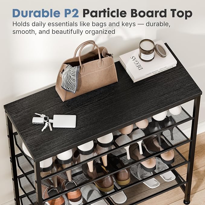 DUMOS 5-Tier Shoe Rack, Mesh Shelves & Wooden Top, Holds 20 Pairs, Black | Adjustable shelves lay flat or angled, metal frame with leveling feet, fits entryways & closets, industrial black finish