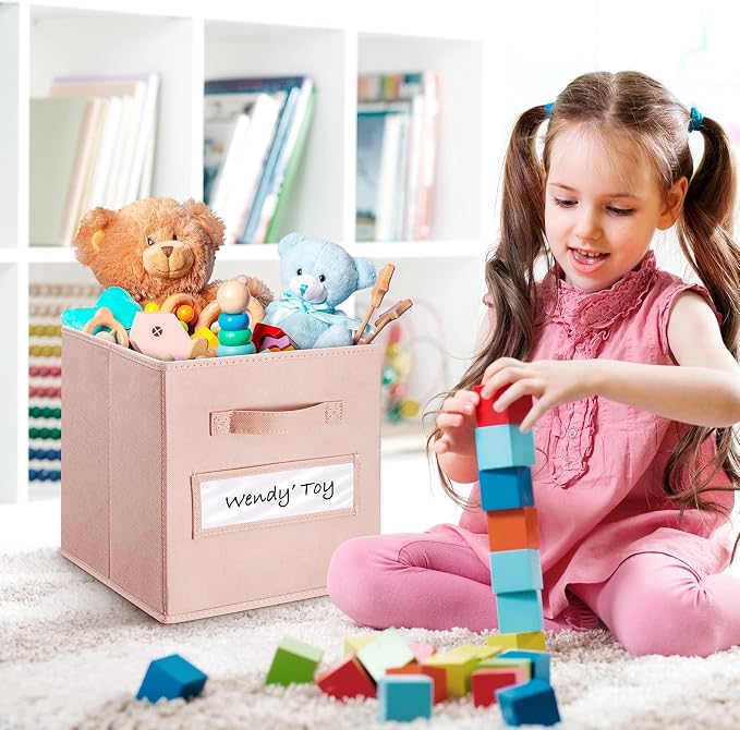 11 Inch Storage Cube,Storage bin,cube storage (Set of 10) Foldable Fabric Cube Storage Bins with 10 Labels Window Cards & a Pen,Baskets Containers for Shelves,Closet Organizers Box,Pink