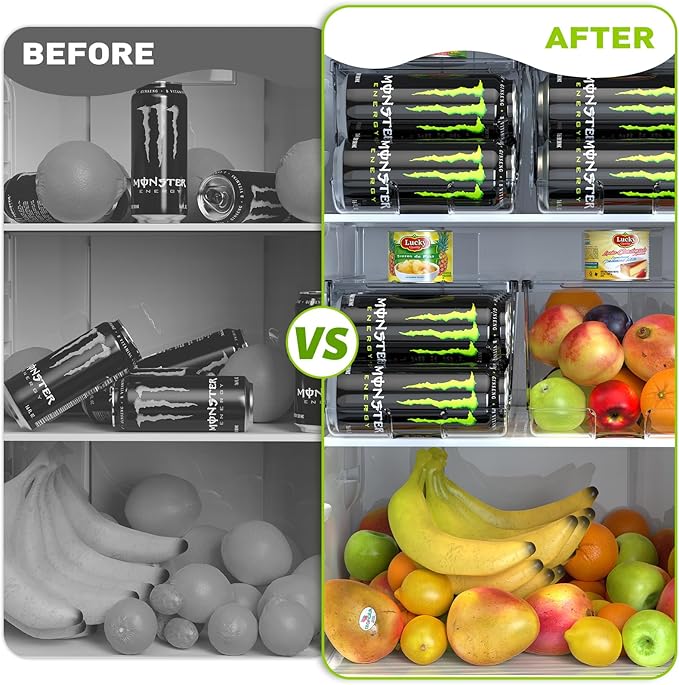 SCAVATA 2 Pack Tall Skinny Can Organizer for Refrigerator, Stackable Large Soda Cans of 16oz & 17oz Beverage Energy Drink Container Holder Dispenser with Lid for Fridge, Clear Storage Plastic Bins