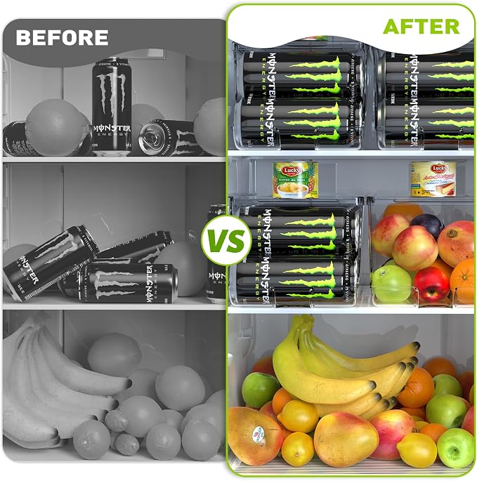 SCAVATA Soda Can Organizer for Refrigerator for Tall Cans of 16oz & 17oz, Stackable Beverage Cans Container Holder Dispenser with Lid for Fridge Pantry Rack Freezer (One Pack)
