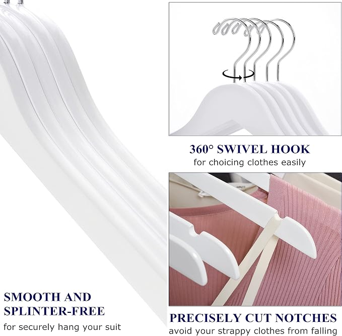 Amber Home 10 Pack White Wooden Hangers, White Wood Shirt Hangers with Notches for Dress, Clothes Hangers for Jacket, Coat, Bridal (White, 10)