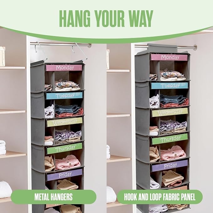 Kids Clothes Organizer, Weekly Clothes Organizer for Kids, 6 Shelf, Grey | Houseables Closet Daily Outfit Storage, Monday Through Friday Clothing Planner, Day of The Week, Weekday, School, Hanging