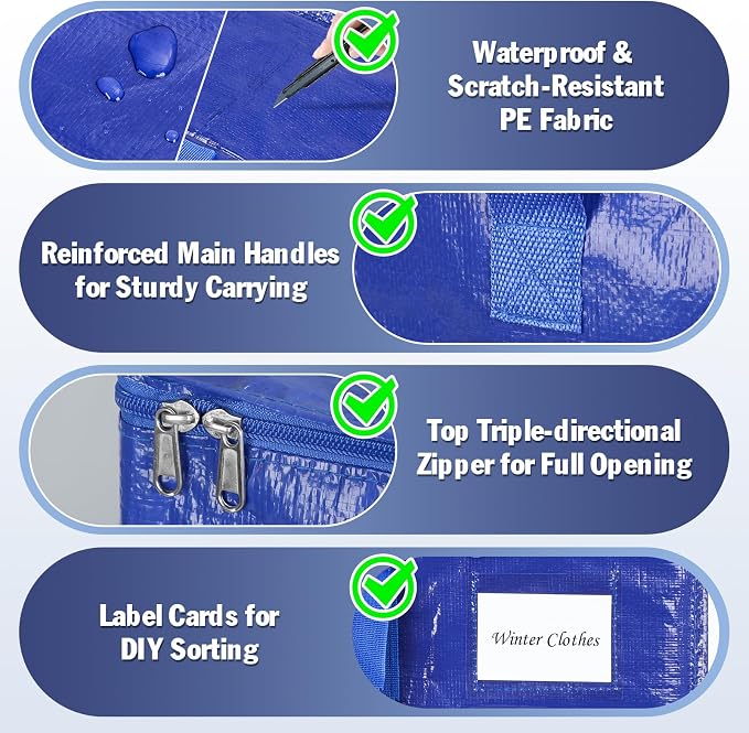 KYODOLED 8 Pack Extra Large Moving Bags with Handles, 24 Gallon Heavy Duty Blue Storage Totes, Waterproof PE Packing Bags for College Move in, Closet Organization & Space Saving, 27x13x15 Inch