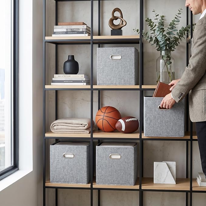 12x12 Gray Fabric Storage Cubes, 4 Pack – Foldable Linen-Look Cube Organizer Bins with Handles, Collapsible Cubby Baskets for Closet, Shelves, Nursery, Dorm Room & Kallax-Style Storage