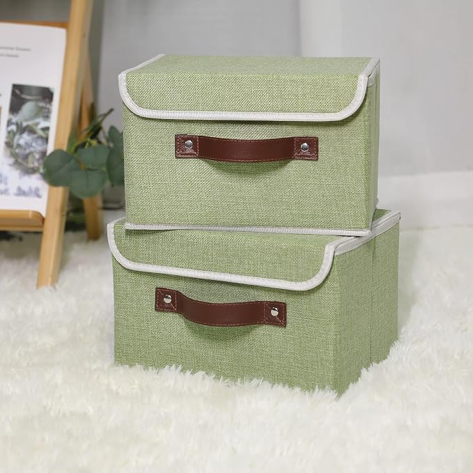 ANMINY 4PCS Storage Bins with Lid PU Leather Handles Storage Boxes PP Plastic Board Decorative Foldable Lidded Cotton Linen Fabric Home Cubes Baskets Closet Organizer Containers - Green, Small Size