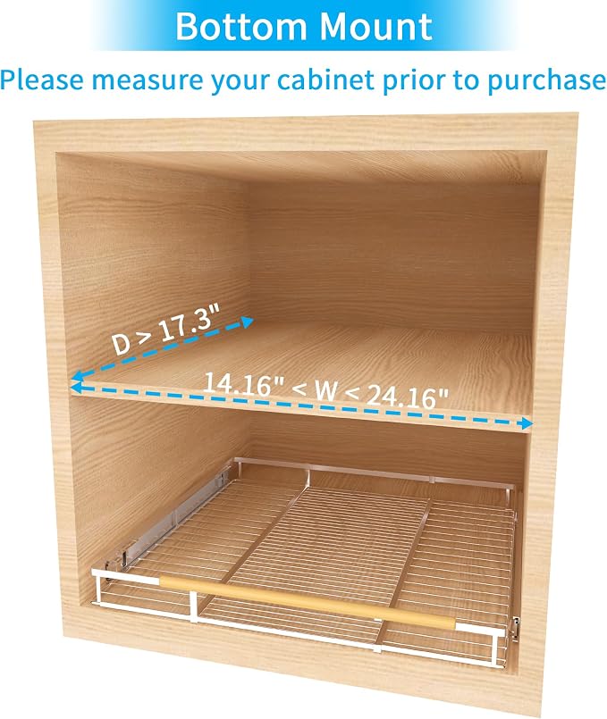 Expandable Pull Out Drawer Cabinet Organizer, Adjustable Width Bottom-Mounted Slide Out Storage Shelves for Cabinets, Required Cabinet Size (14.16"~24.36", D≥17.3"), 1 Pack, Stainless Steel