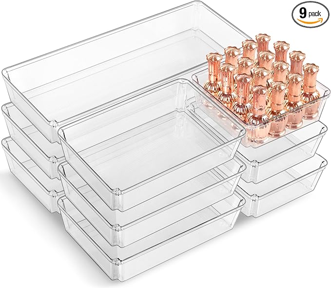 9 PCS Clear Plastic Drawer Organizer Sets, 3 Sizes Vanity Organizer Trays Stackable Storage Bins for Kitchen, Cabinet, Bathroom, Office, Laundry Room Organizing