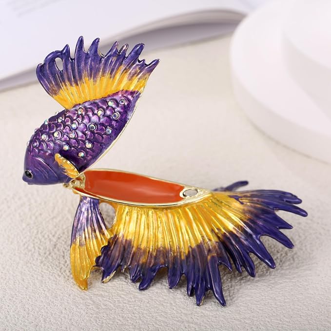 Hand Painted Animal Trinket Box for Home Decor, Hinged Jewelry Organizer Storage, Unique Personalized Collectible Keepsake Figurine Handmade Decorative Ornament Gifts (Crowntail Beta Fish)