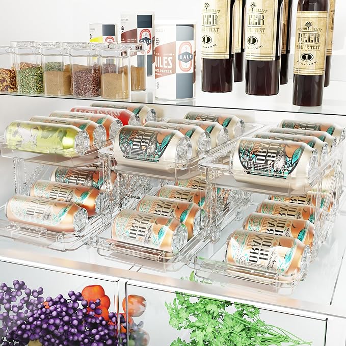Soda Can Dispenser for Refrigerator Can Holders for Fridge,Adjustable Width Soda Can Organizer for Refrigerator,Drink Organizer for Fridge Suitable for Storage Cabinet and Pantry Clear (1 Pack)