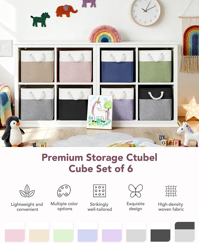 12x12 Storage Cube Bins, 6 Pack Reinforced Bottom Cardboard Foldable Box, Organizer for Closet Shelves, Heavy Home Storage Baskets (White Pink)