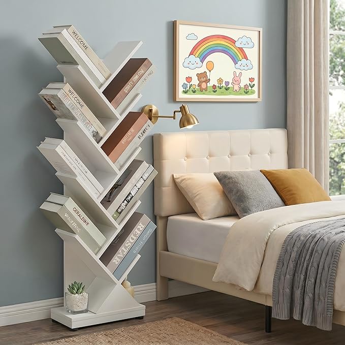ruboka 9-Tier Tree Bookshelf Storage Organizer Display Rack (White) | Floor standing Bookcase, sturdy wood, space-saving. Ideal Book Shelf for living room, bedroom, office. Holds magazines, CDs.