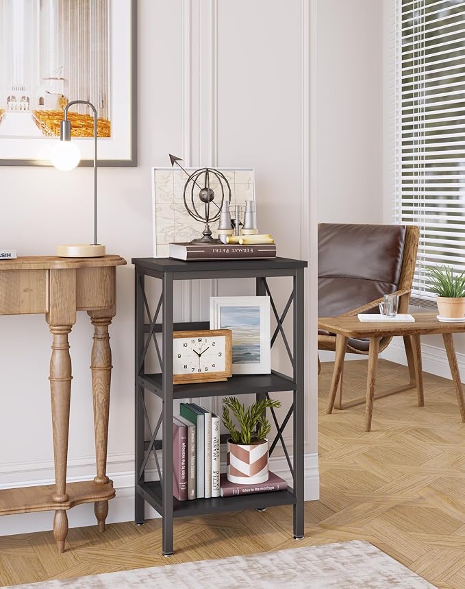 YMYNY 3 Tiers Bookcase, Industrial Metal Bookshelf with Side Fence, Storage Organizer for Living Room, Home Office, Bedroom, Display Racks, Sofa Side Table, 29.5 * 15.75 * 11.4", Black UHST008B