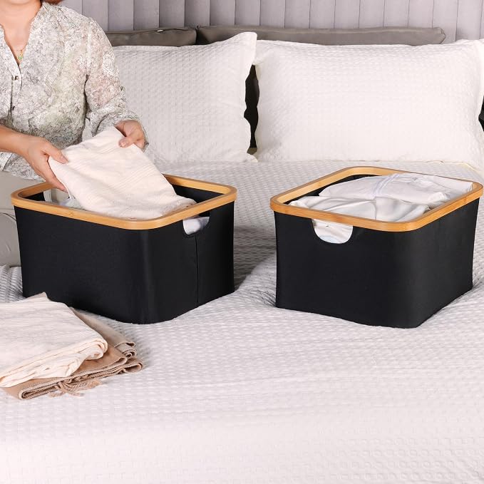 efluky Storage Baskets for Organizing, Fabric Storage Bins with Bamboo Handles, Collapsible Storage Baskets for Shelves and Closet (Black, 16.2'' x 13'' x 9.1'')