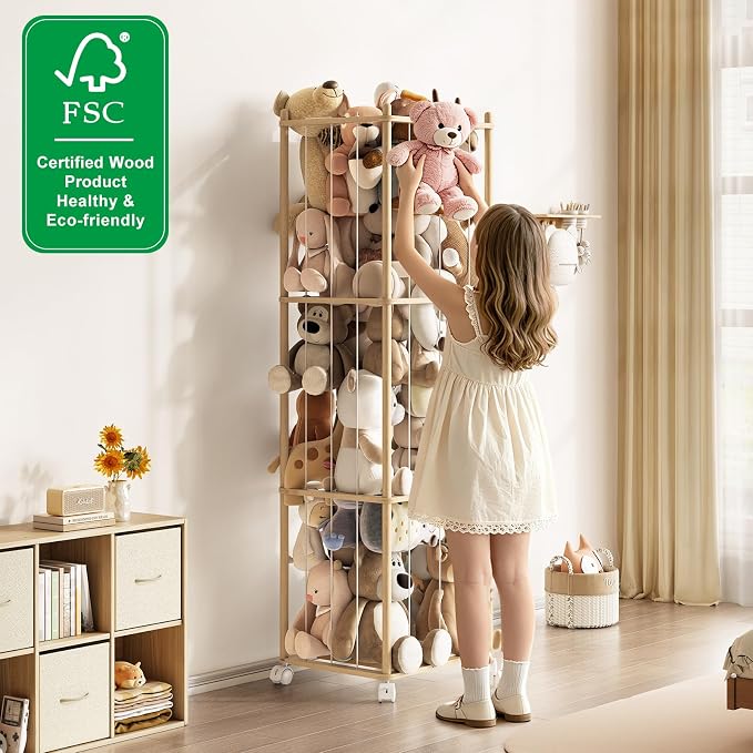 Stuffed Animal Storage Zoo with Wheels,Montessori-Inspired Solid Pine Wood Plush Toy Organizer,Extra Tall Stuffed Animal Holder with Thick Elastic Cords for Nursery,Kids Room and Bedroom,Extra Large