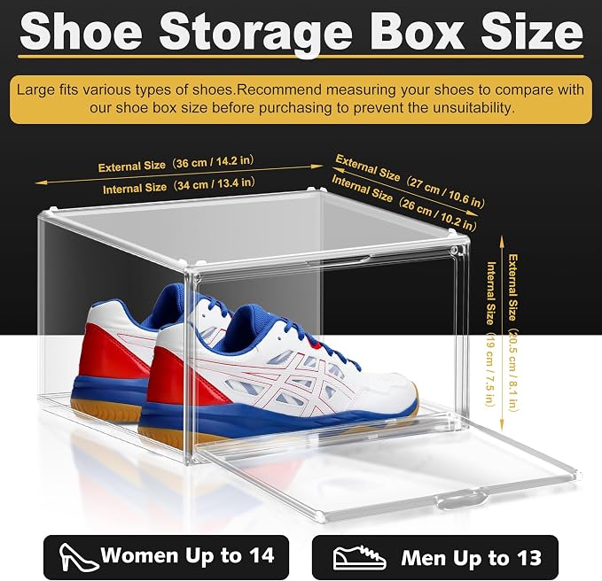 1 Pack Plastic Shoe Storage Boxes Fit US Size 13, Clear Stackable Shoe Display Case with Acrylic Magnetic Side Door, Shoe Containers for Sneaker Storage, Hats, Figure, Collectible, Book, Clothes