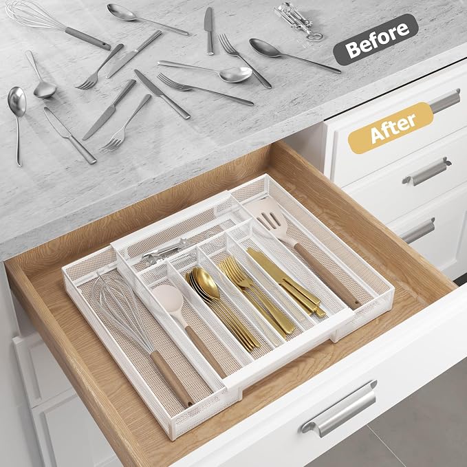 Sedegn Expandable Kitchen Utensil Organizer - 9.6" to 16.1" Adjustable Cutlery Tray with 5-7 Compartments - Fits Various Drawer Sizes & Holds Large Ladles Spatulas Forks Spoons & Knives White
