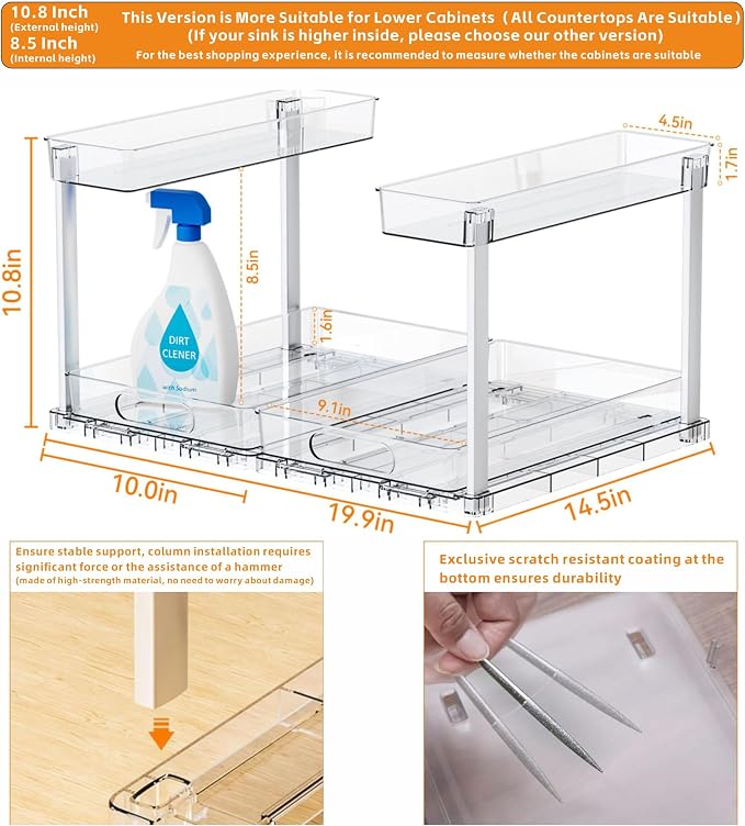 Yieach 2 Pack 14.6″ Deep Pull Out Under Sink Organizer,10.8″ High 2 Tier Slide Out Cabinet Organizer for Kitchen Cabinet,Undersink Organizers,Under Sink Shelves,Bathroom Organizers and Storage,Clear
