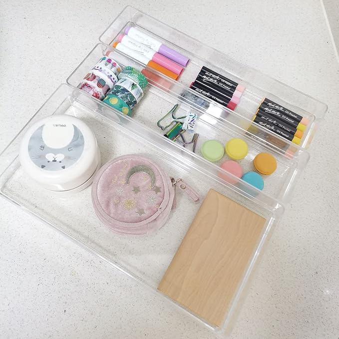 LotFancy Clear Drawer Organizers, 12” x 3” x 2”, Set of 3, Drawer Organizer Trays for Desk, Plastic Storage Bins for Bathroom, Makeup, Utensils, Stackable