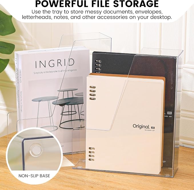 CiWiVOKi Vertical File Holder, PET Desk Organizer, Multi-purpose Plastic Document Storage Bins for Magazines, Binders, Notebooks, Envelopes, 2 Pack