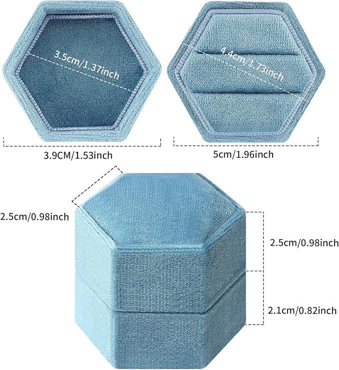 DesignSter Hexagon Velvet Ring Bearer Box - Premium Gorgeous Vintage Double Ring Display Holder with Detachable Lid for Proposal, Engagement, Wedding, Ceremony (Dark Blue)