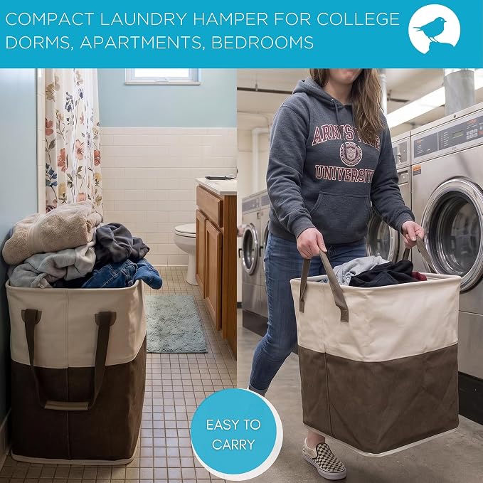 BIRDROCK HOME Square Cloth Laundry Hamper with Handles - Dirty Clothes Sorter - Easy Storage - Foldable - Brown and White Canvas