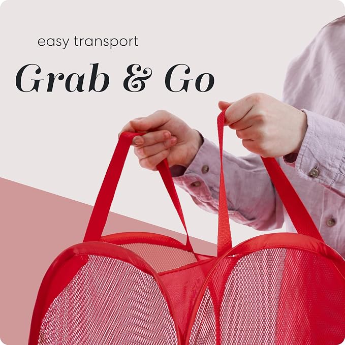 Handy Laundry Collapsible Mesh Pop Up Laundry Hamper with Side Pocket – Breathable, Space-Saving, Durable Basket for Clothes, Toys, Travel & Storage, 14 x 13 x 24 in, Red