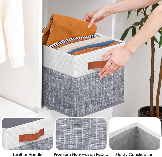 Fab totes Collapsible Storage Baskets for Shelves,14"x10", 8 Pack Foldable Fabric Storage Bins with Double Leather Handles, Large Baskets for Organizing Books, Clothes, White & Grey
