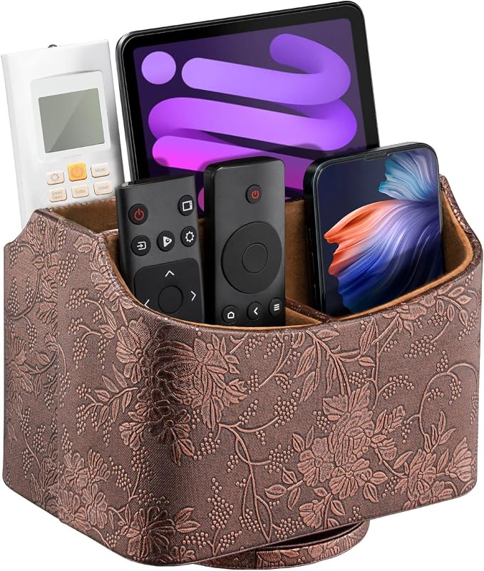 LAMOTI Leather 360 Spinning TV Remote Caddy - 5-Compartment Desk Organizer for Universal Remotes, Phones, Tablets, Pens, Eyeglasses & More (Antique)