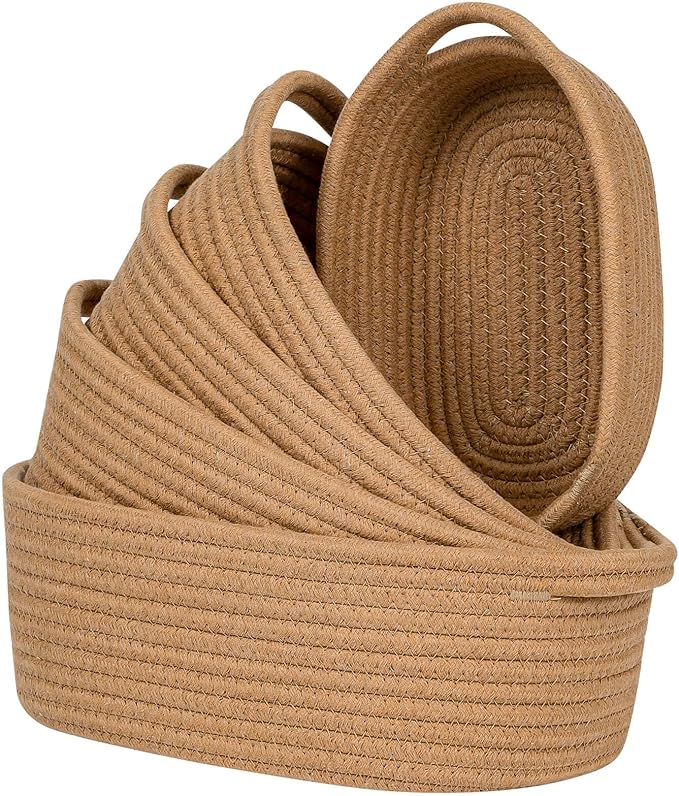 CubesLand Small Storage Basket Cotton Rope Organizer Baskets for Shelves | Set of 5 Decorative Closet Storage Bins with Handle for Countertop, Toilet Paper Basket for Toilet Tank Top, Brown Basket