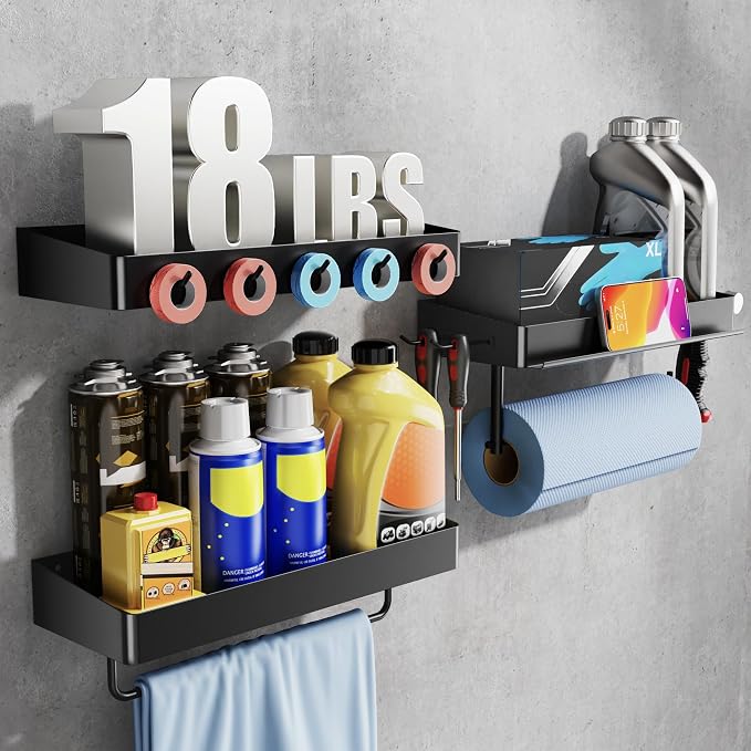 SUNTECH Garage Paper Towel Holder with Shelf, 3 Pack Black Heavy Duty Wall and Screw Mount Rack for Workshop, RV, Tool Room, Also Works as a Shop Towel Holder