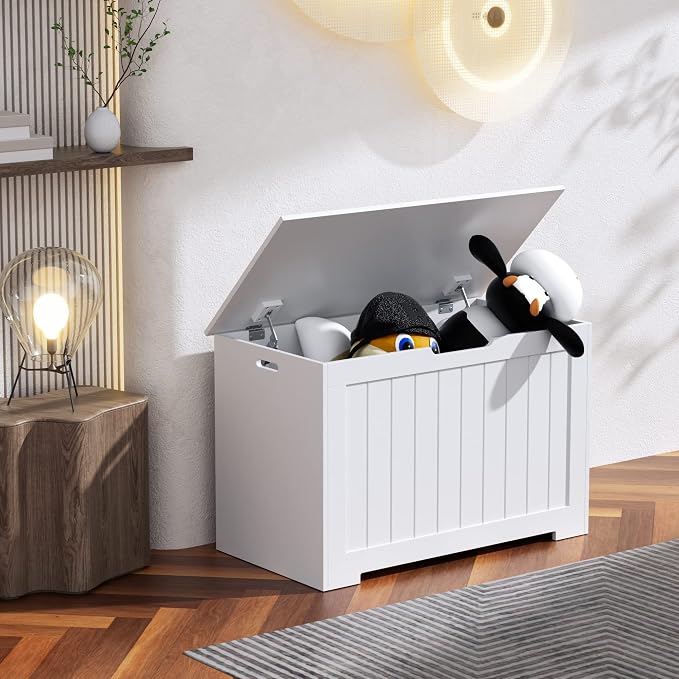 LEMY Storage Chest/Bench, 30 Inches Wooden Toy Organizer with 2 Safety Hinges, Storage Box for Entryway, Bedroom, Living Room, White