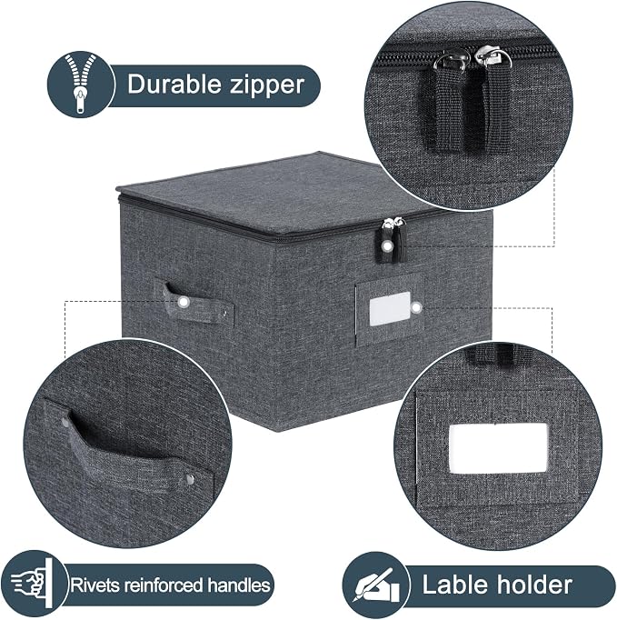popoly China Storage Containers Hard Shell Inside 12" W x 8" H, Dinner Plate Storage Containers for Dishes, Dinnerware with 24 Felt Dividers, Hold 24 Plates, Storage Stackable (2 Pack Grey)